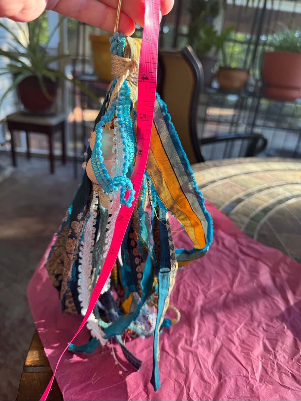 Bohemian Teal and Yellow Fabric Purse/Key Tassel Hanging Accent